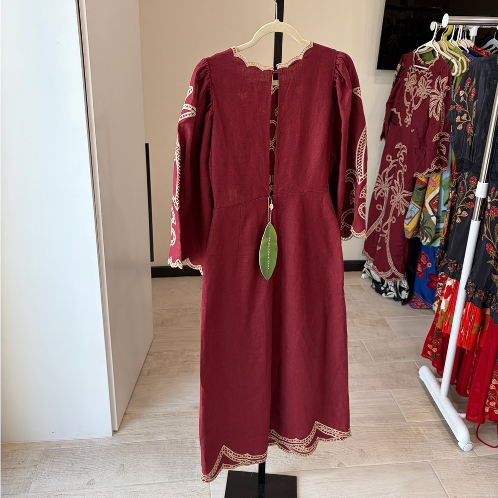 Farm Rio: Red Artisanal Cut-Out Embroidered Euroflax™ Premium Linen Maxi Dress - Picture 9 of 11